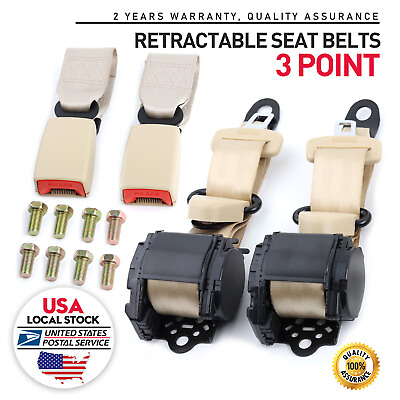 #ad 2Pcs Beige Safety 3 Point Retractable Car Seat Lap Belt Adjustable Kit Universal