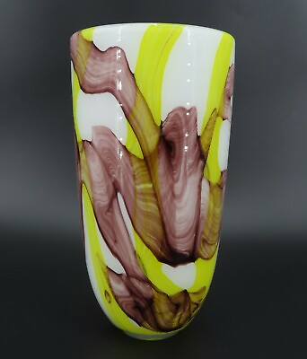 #ad Art Glass Vase Handblown Yellow Purple White Swirls Watercolor pattern 10.25quot; Ta
