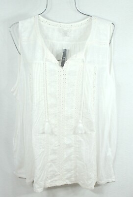 #ad Lucky Brand Womens Shirt 3X Pleaded White Embroidered lace Tassel Tie top Blouse