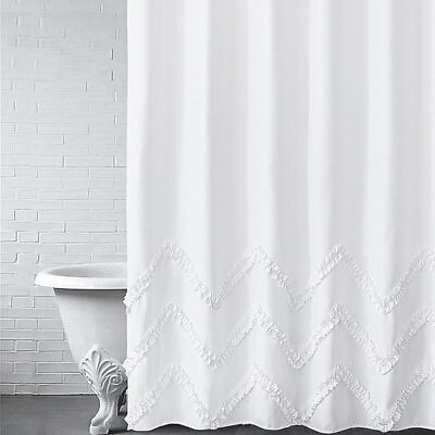 #ad Extra Long White Shower Curtain with Zig zag Stripes of Ruffled Trim72x84 in...