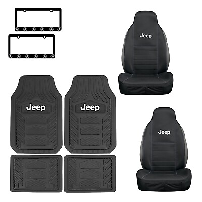 #ad NEW 8pc JEEP RUBBER FLOOR MATS SIDELESS SEAT COVERS STAR LOGO LICENSE FRAMES