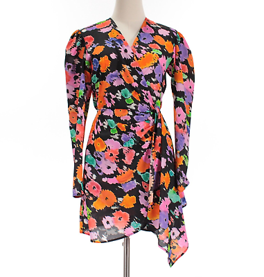 #ad MSGM NWOT Long Sleeve Floral Print Wrap Mini Dress Size 40 US 6 in Black Multi