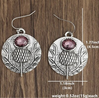 #ad Celtic Silver Color Scottish Thistle Earrings with Purple Crystal Like Stones