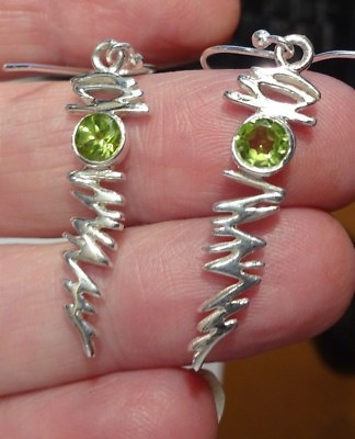 #ad Dangly Sterling Silver and Peridot Lightning Bolt Ear Rings August Birthstone