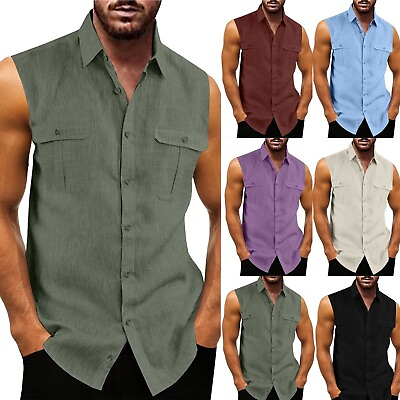 #ad Mens Cotton Linen Sleeveless Dress Shirt Button down Loose Solid Blouse Tops