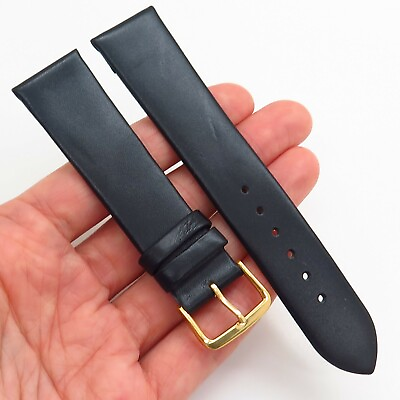 #ad 20mm Black Genuine Leather Gold Tone Classic Design Watch Strap
