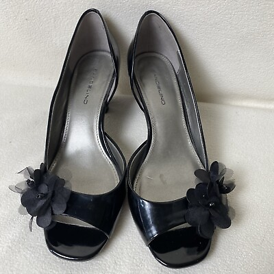 #ad Bandolino Open Toe Pump Kitten Heel Sweet Floral Women Sz 7.5 Black Patent Shoe