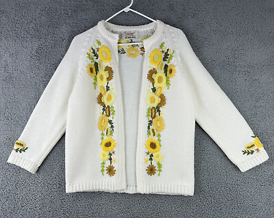 #ad Vintage Open Front White Cardigan Sweater Hand Embroidered Yellow Flower OneSize