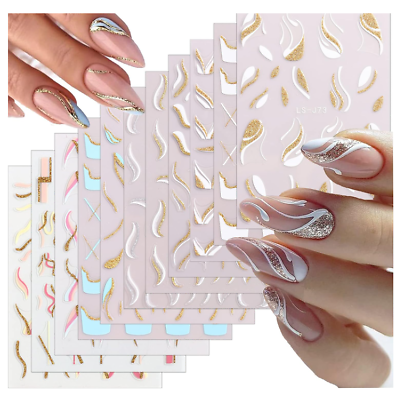 #ad 3D Glitter Gold Line Nail Art Stickers Decals French Tip Wavy Fringe Stripe NH22