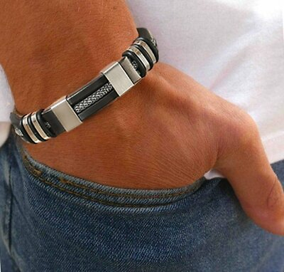 #ad MENDEL 7 Inch Cool Mens Cuff Bracelet Bangle Wire Cord Wristband Stainless Steel