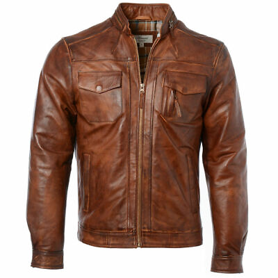 #ad Mens Retro Style Biker Jacket Real Lambskin Leather Washed Soft Tan Brown Casual