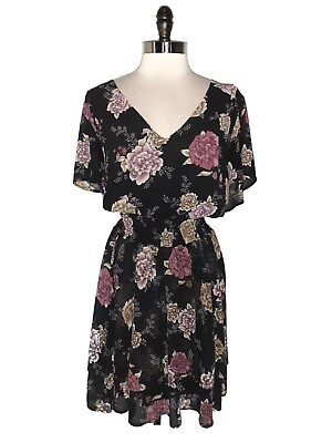 #ad TORRID Plus Size 3 3X Fit and Flare Dress Black Pink Floral Short Sleeve
