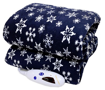 #ad Biddeford Microplush Electric Heated Warming Throw Blanket Navy Blue Snowflake