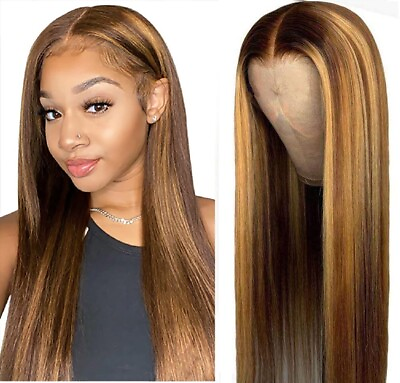 #ad Highlight Wig Brazilian Straight Human Hair Full Wigs Ombre Brown Honey Blonde