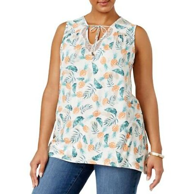 #ad Style amp; Co Plus Size Sleeveless Lace Trim Tie Front Top 3X Pineapple Print #6582
