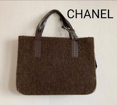 #ad CHANEL Brown Wool Tote Bag Big Tag CC Logo Brand name Curved on Handles PC RARE