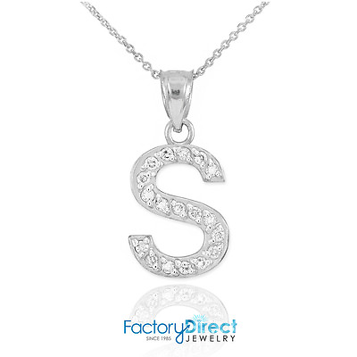 #ad 10k 14k White Gold Letter quot;Squot; Diamond Initial Pendant Necklace