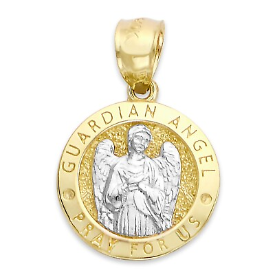 #ad Real Solid Two Tone Gold Guardian Angel Pendant with Engraving in 10k or 14k