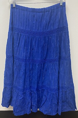 #ad Susan Graver Women’s Blue Pleated Skirt Boho Hippie Metallic Crochet Size Medium