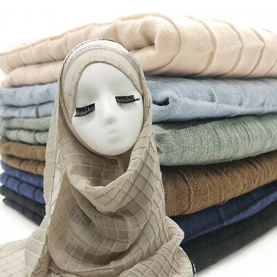 #ad Pleated Grid Plain Color Scarf Shawl Womens Scarves Muslim Hijab Head Wrap Solid