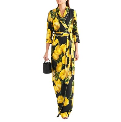 #ad AUTH Dolce amp; Gabbana yellow tulips floral printed black dress 36it