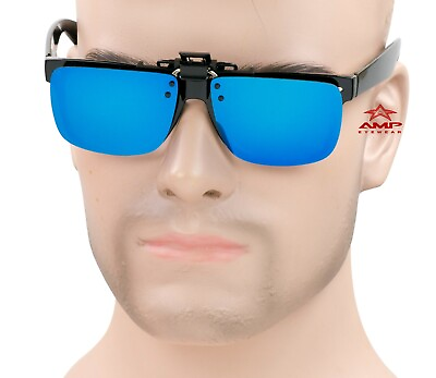 #ad Medium Large Rectangular Clip On Flip Up Sunglasses Polarized Blue Mirror B5P