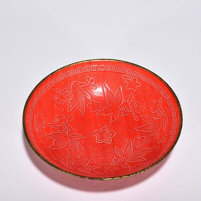 #ad 8.9quot; old antique song dynasty ding kiln porcelain gilt red goldfish pattern bowl