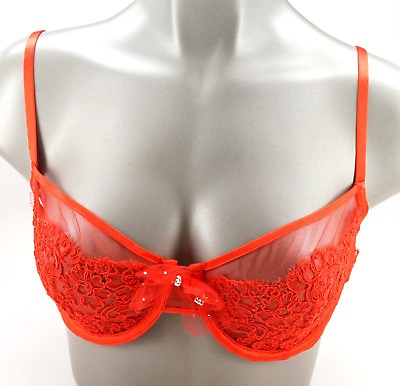 #ad Victoria#x27;s Secret Designer Collection Red Floral Mesh Bling Bow Unlined Demi Bra