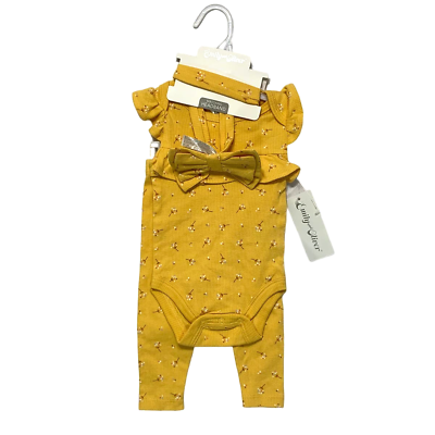 #ad Emily and Oliver Floral Ribbed 3 Piece Set NWT Baby Sz 3 6 Months Yellow Cotton