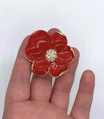 #ad Vtg High Quality Unmarked Hot Red Enameled Flower Cute Pin Brooch