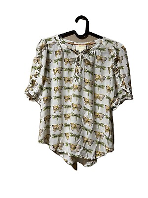 #ad Anthropologie Maeve PEASANT Blouse Sz XS Boho TOP Dragonfly Moth Ruffle Tie