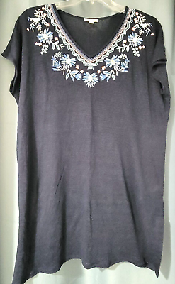 #ad J Jill Navy Blue Embroidered Long Tunic Blouse Cap Sleeves V Neck Size M
