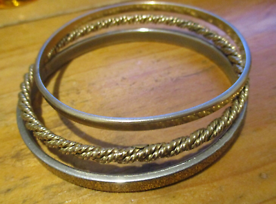 #ad Set of 3: 2 Gold Tone 1 Monet 1 GF 1 20 Filled Wells Loop Bracelets Vtg 1960s