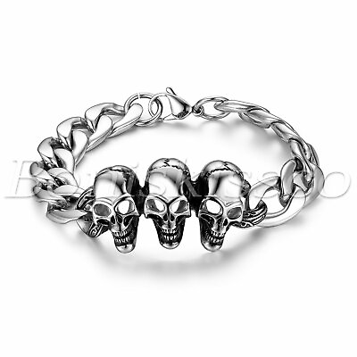 #ad Men#x27;s Polished Stainless Steel Punk Biker Rocker Skull Head Chain Bracelet