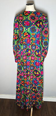#ad Vintage MOD Psychedelic Floral Print Long Sleeved Maxi Dress Handmade Cocktail