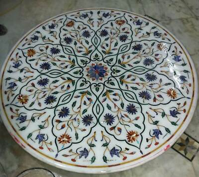 #ad 48#x27;#x27; Marble Coffee round dining Table Top Inlay Side Lapis Lazuli Stone fine Art