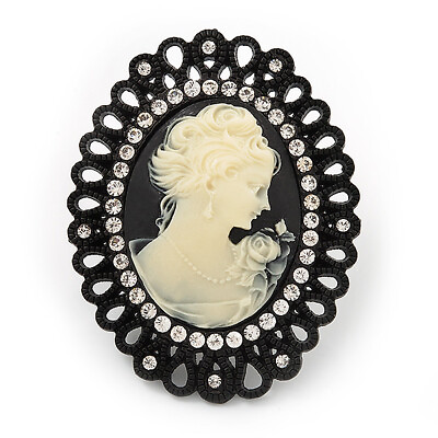 #ad Large Diamante #x27;Classic Cameo#x27; Cocktail Ring In Black Tone Metal Adjustable