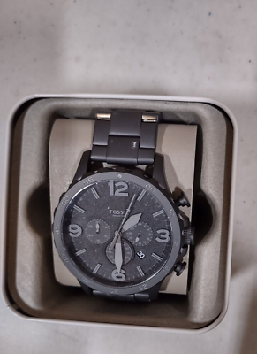 #ad NEW Fossil Nate Chronograph Black Dial Black Ion plated Men#x27;s Watch JR1401