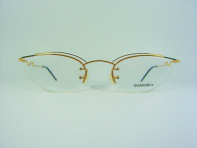 #ad Diamond luxury eyeglasses rimless oval round Gold plated frames NOS