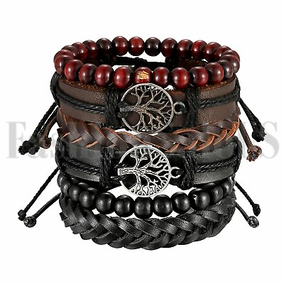 #ad 6pcs Leather Tribal Beaded Tree of Life Cuff Wristband Bracelet for Men Women