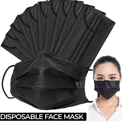 #ad 100 PCS Disposable Face Mask Non Medical Surgical 3 Ply Ear loop Black Masks USA
