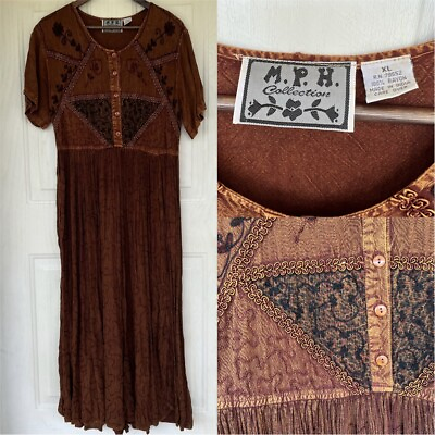 #ad Vintage Maxi Dress Cottagecore MPH Rayon Dark Brown Boho Hippie Size XL 80s 90s
