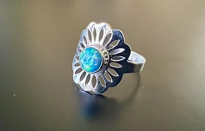 #ad Fire Opal Ring Flower Design Sterling Silver size 6.5