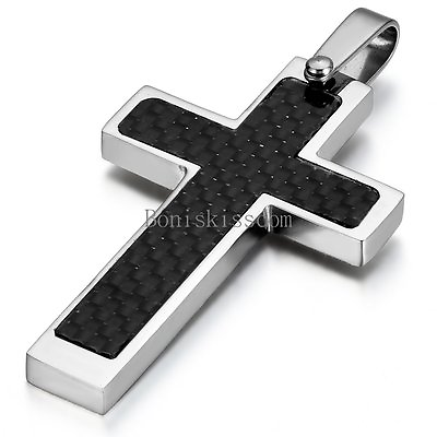 #ad Men#x27;s Silver Stainless Steel Black Carbon Fiber Cross Pendant Necklace 22quot; Chain