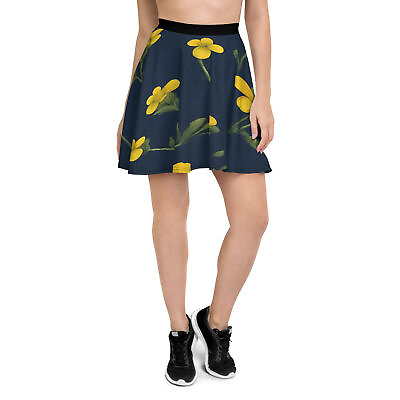 #ad New Women#x27;s Flare Skirt Black Yellow Floral Mid Thigh Moisture Wicking UPF50