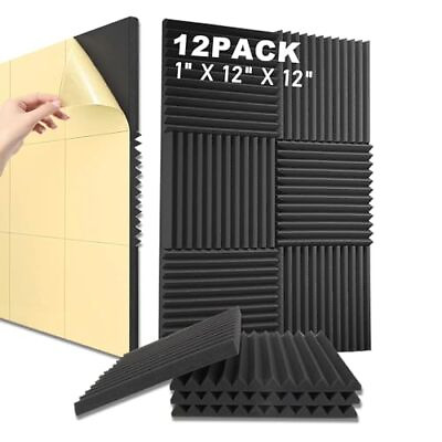 #ad 12 Pack Acoustic Foam Panels with Self 1inch Charcoal 12pack