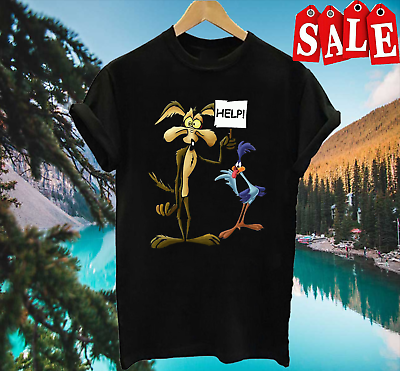 #ad Funny Wile E Coyote and the Road Runner Help T Shirt S 5XL Black SS7364 $9.99