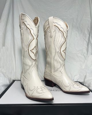 #ad White Western Knee High Boots Design Chunky Heel Long Boots Cowboy Ridding Shoes