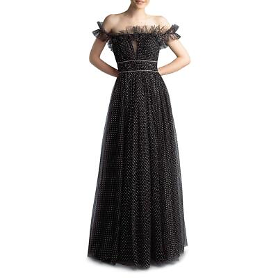 #ad Basix Black Label Womens Black Tulle Metallic Dot Maxi Dress Gown 10 BHFO 2520 $89.99