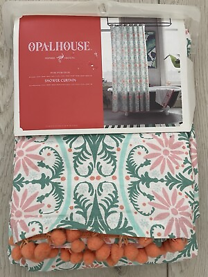 #ad Opalhouse Target 72” Cotton Medallion Pom Pom Shower Curtain Coral Mint Pink New